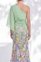 Load image into Gallery viewer, Champagne Floral Mermaid One Shoulder Long Mother of the Bride Dress with Sleeves