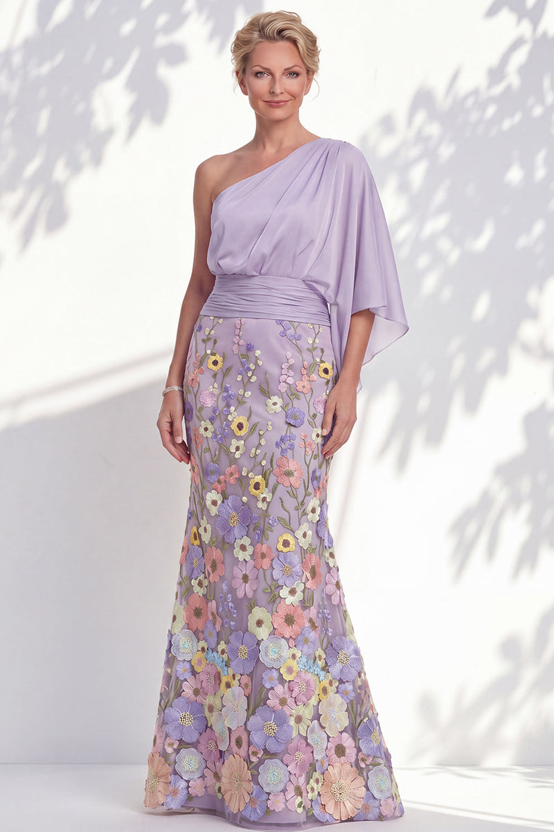 Load image into Gallery viewer, Champagne Floral Mermaid One Shoulder Long Mother of the Bride Dress with Sleeves