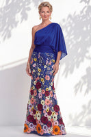 Load image into Gallery viewer, Champagne Floral Mermaid One Shoulder Long Mother of the Bride Dress with Sleeves