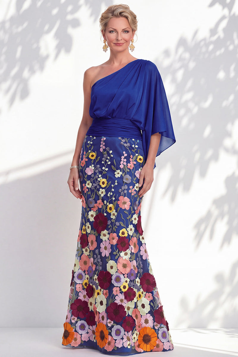 Load image into Gallery viewer, Champagne Floral Mermaid One Shoulder Long Mother of the Bride Dress with Sleeves
