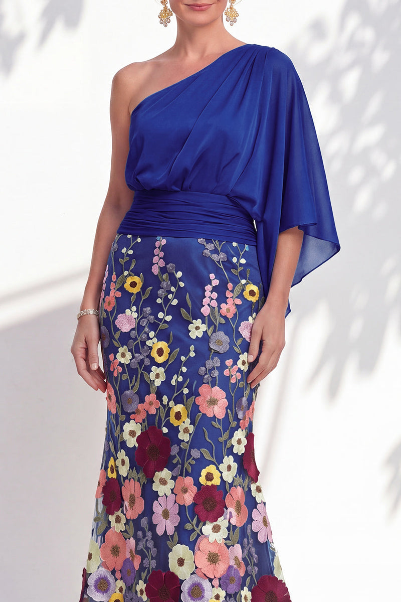 Load image into Gallery viewer, Champagne Floral Mermaid One Shoulder Long Mother of the Bride Dress with Sleeves