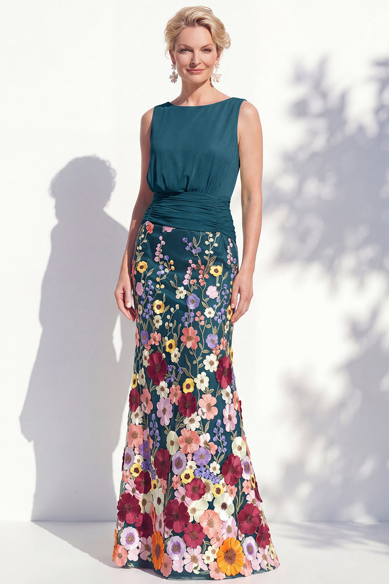 Load image into Gallery viewer, Green Floral Boat Neck Ruched Mermaid Long Mother of the Bride Dress