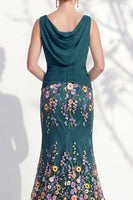 Load image into Gallery viewer, Green Floral Boat Neck Ruched Mermaid Long Mother of the Bride Dress