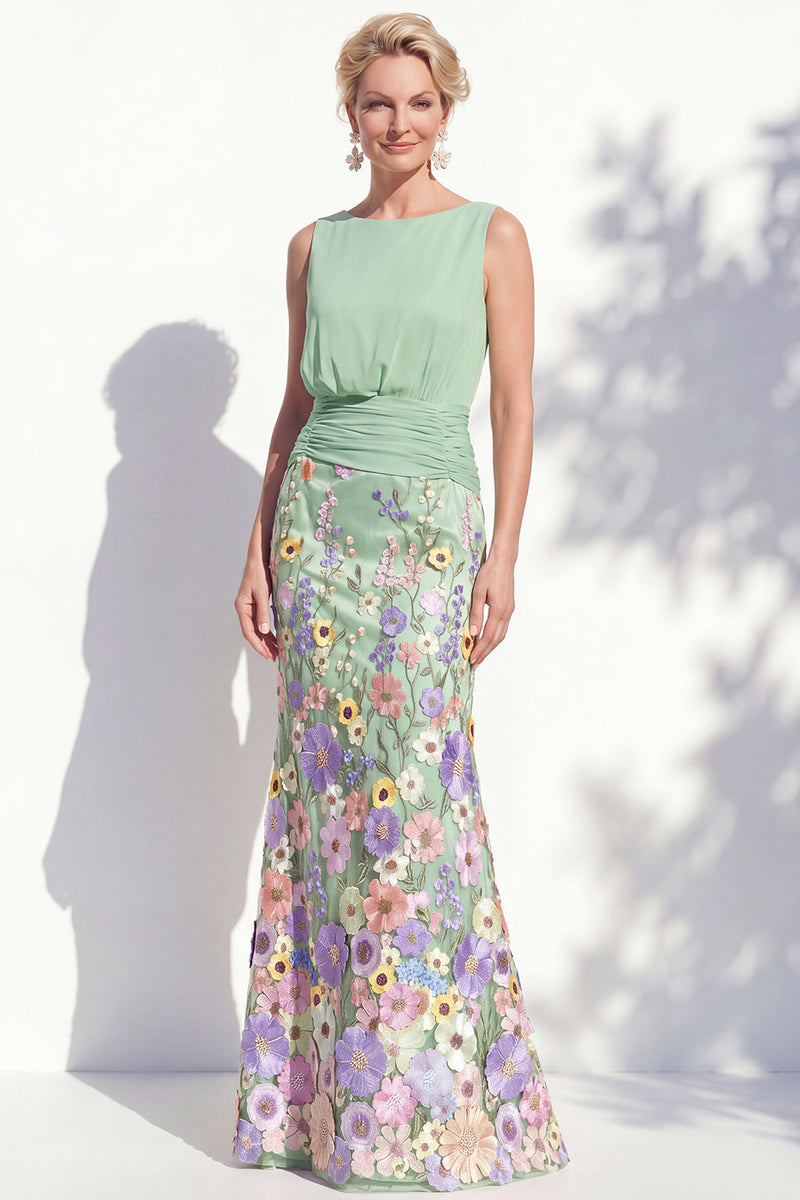 Load image into Gallery viewer, Green Floral Boat Neck Ruched Mermaid Long Mother of the Bride Dress