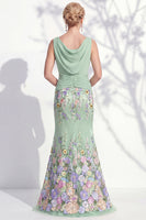 Load image into Gallery viewer, Green Floral Boat Neck Ruched Mermaid Long Mother of the Bride Dress