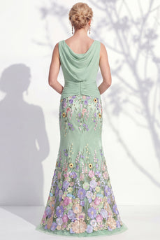 Green Floral Boat Neck Ruched Mermaid Long Mother of the Bride Dress