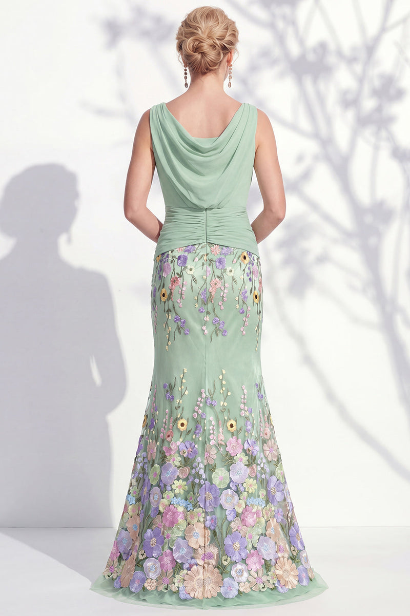 Load image into Gallery viewer, Green Floral Boat Neck Ruched Mermaid Long Mother of the Bride Dress