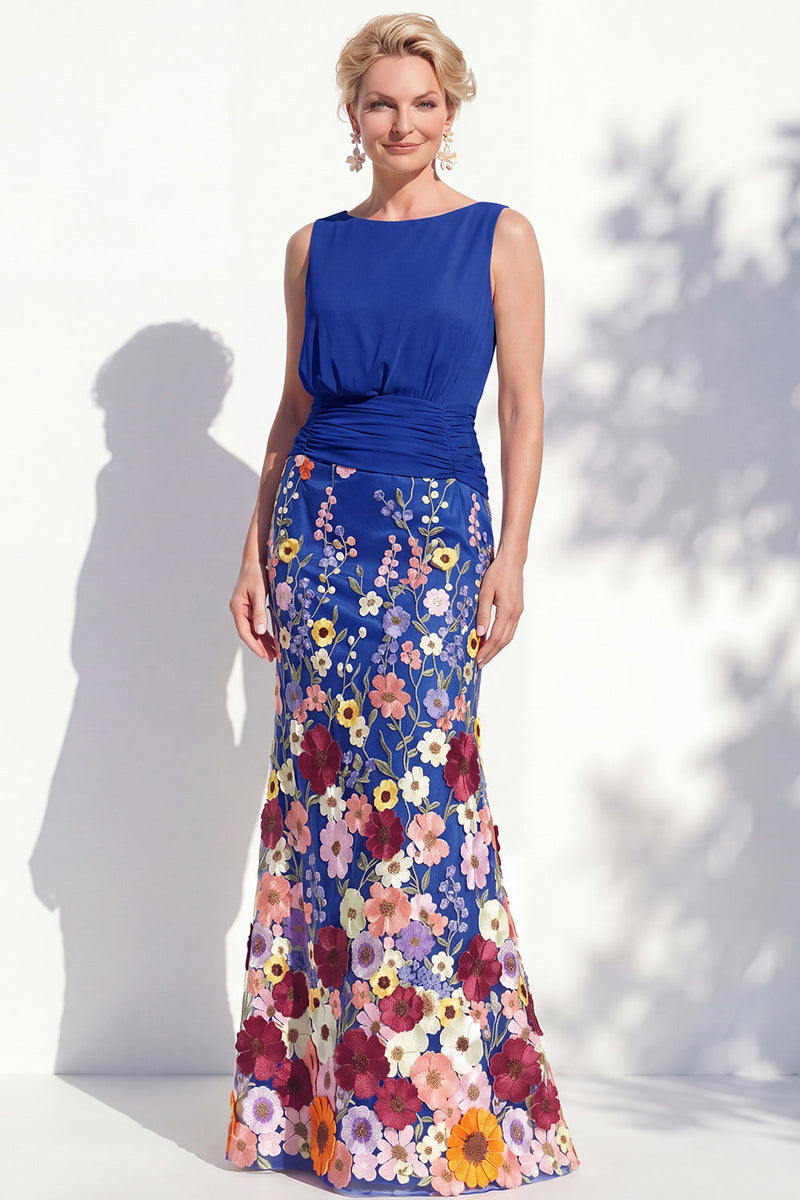 Load image into Gallery viewer, Green Floral Boat Neck Ruched Mermaid Long Mother of the Bride Dress