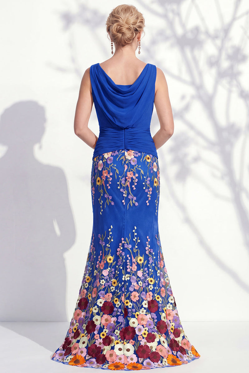 Load image into Gallery viewer, Green Floral Boat Neck Ruched Mermaid Long Mother of the Bride Dress