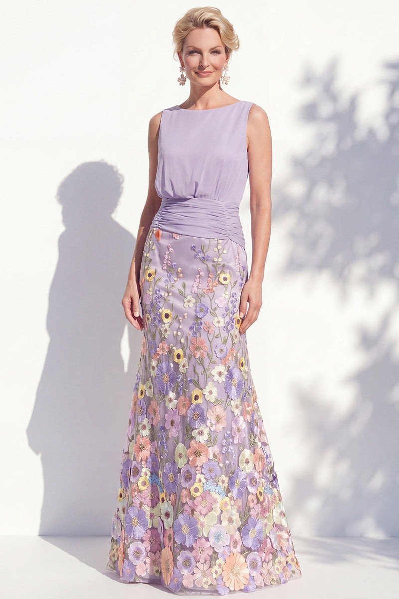 Load image into Gallery viewer, Green Floral Boat Neck Ruched Mermaid Long Mother of the Bride Dress