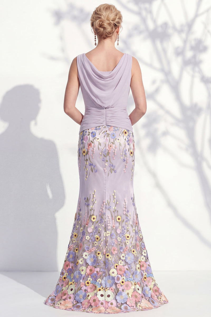 Load image into Gallery viewer, Green Floral Boat Neck Ruched Mermaid Long Mother of the Bride Dress