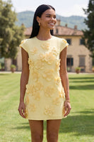 Load image into Gallery viewer, Butter Blue Floral Round Neck Short Homecoming Dress with Sleeves