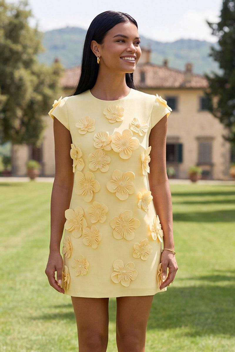 Load image into Gallery viewer, Butter Blue Floral Round Neck Short Homecoming Dress with Sleeves