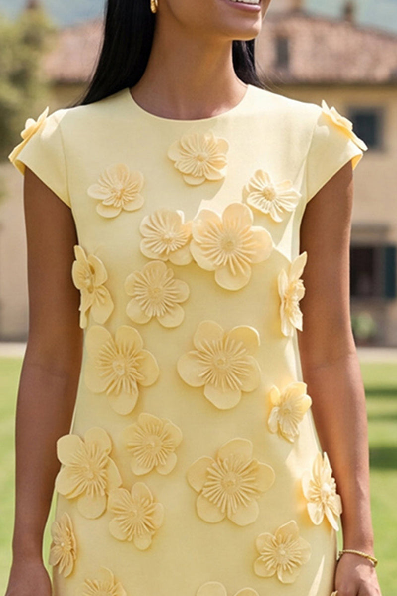 Load image into Gallery viewer, Butter Blue Floral Round Neck Short Homecoming Dress with Sleeves