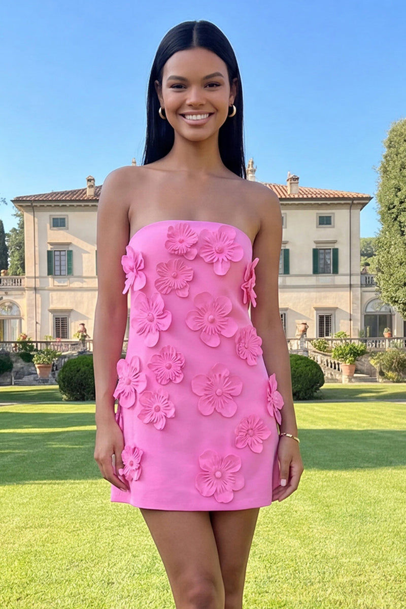 Load image into Gallery viewer, Hot Pink Floral Strapless Short Homecoming Dress