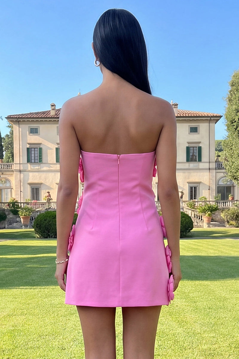 Load image into Gallery viewer, Hot Pink Floral Strapless Short Homecoming Dress