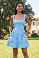 Load image into Gallery viewer, Blue Floral Square Neck A Line Short Homecoming Dress with Pockets