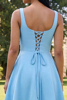 Load image into Gallery viewer, Blue Floral Square Neck A Line Short Homecoming Dress with Pockets