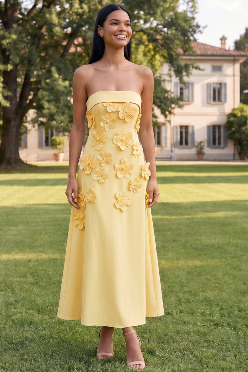 Load image into Gallery viewer, Yellow Strapless A Line Floral Maxi Formal Dress