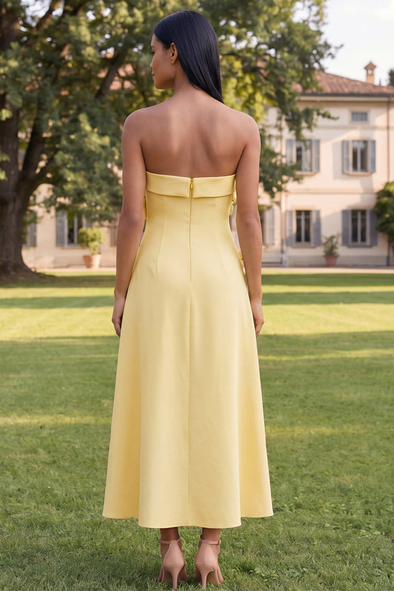 Load image into Gallery viewer, Yellow Strapless A Line Floral Maxi Formal Dress