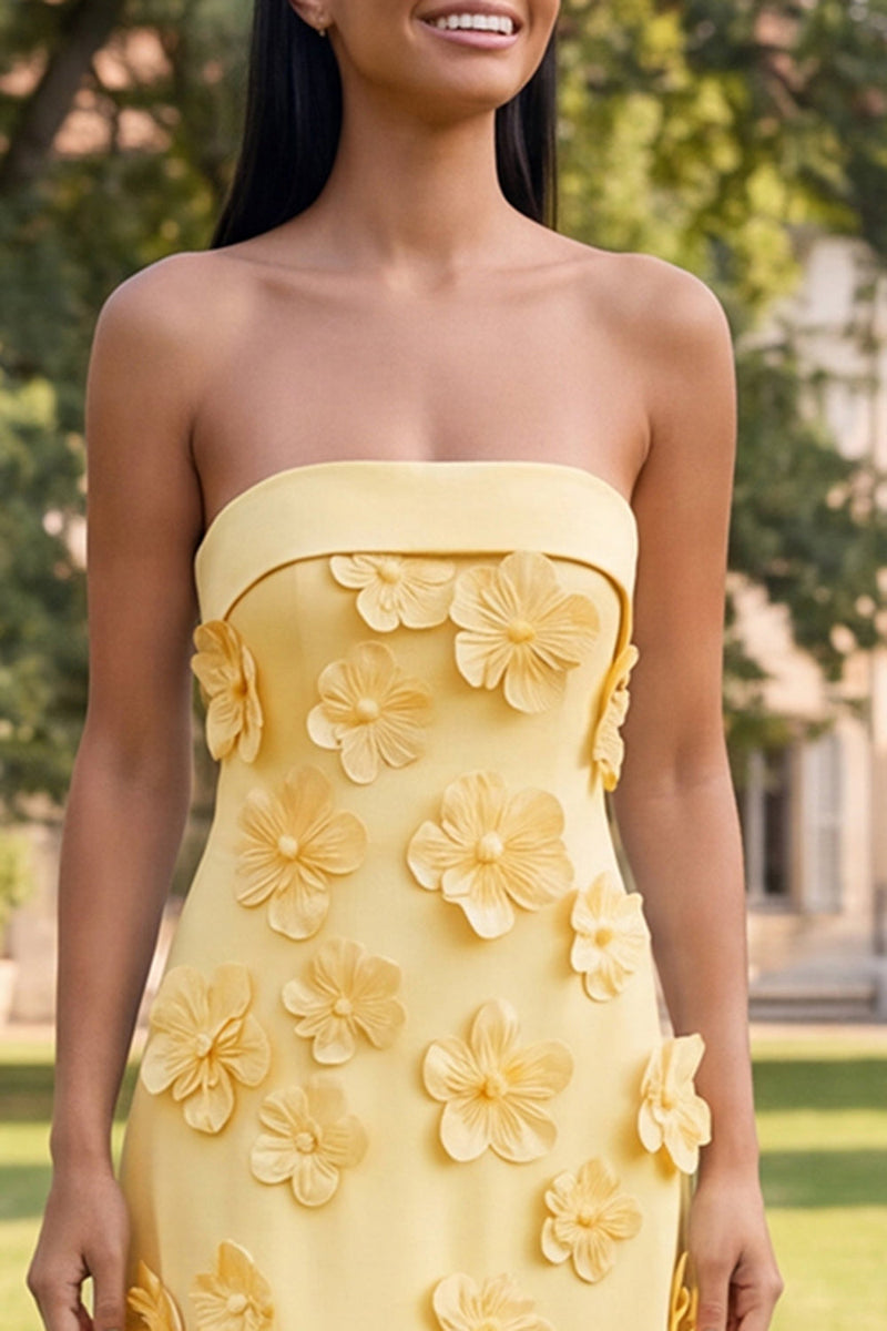 Load image into Gallery viewer, Yellow Strapless A Line Floral Maxi Formal Dress