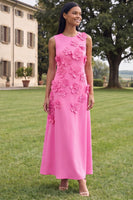 Load image into Gallery viewer, Hot Pink Round Neck A Line Floral Maxi Formal Dress