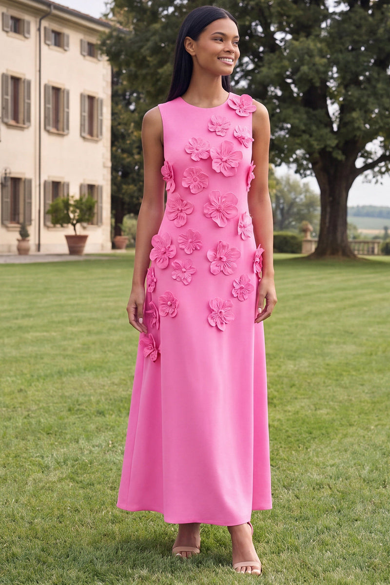 Load image into Gallery viewer, Hot Pink Round Neck A Line Floral Maxi Formal Dress