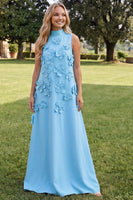 Load image into Gallery viewer, Blue A Line Floral High Neck Long Formal Dress