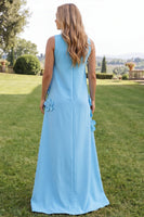 Load image into Gallery viewer, Blue A Line Floral High Neck Long Formal Dress