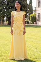 Load image into Gallery viewer, Butter Yellow Round Neck A Line Floral Long Formal Dress with Sleeves
