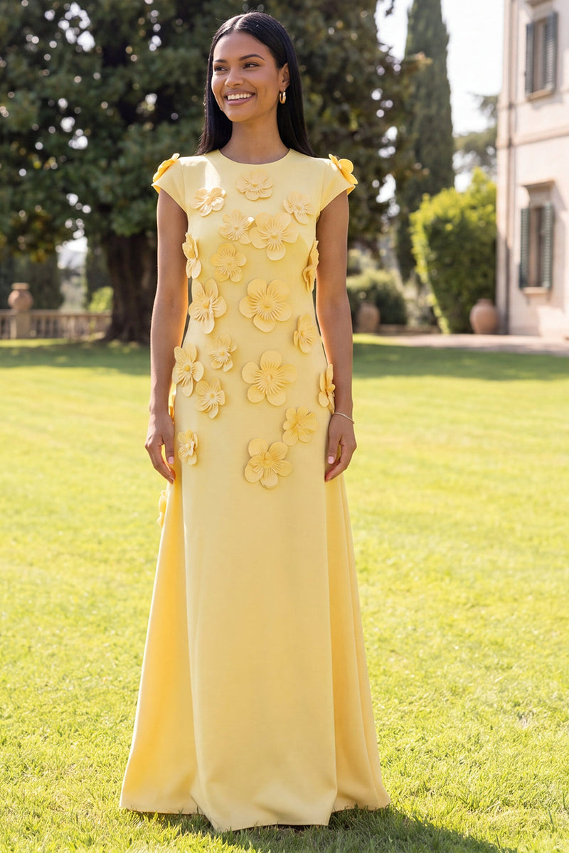 Load image into Gallery viewer, Butter Yellow Round Neck A Line Floral Long Formal Dress with Sleeves