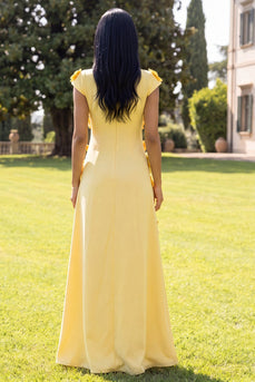 Butter Yellow Round Neck A Line Floral Long Formal Dress with Sleeves