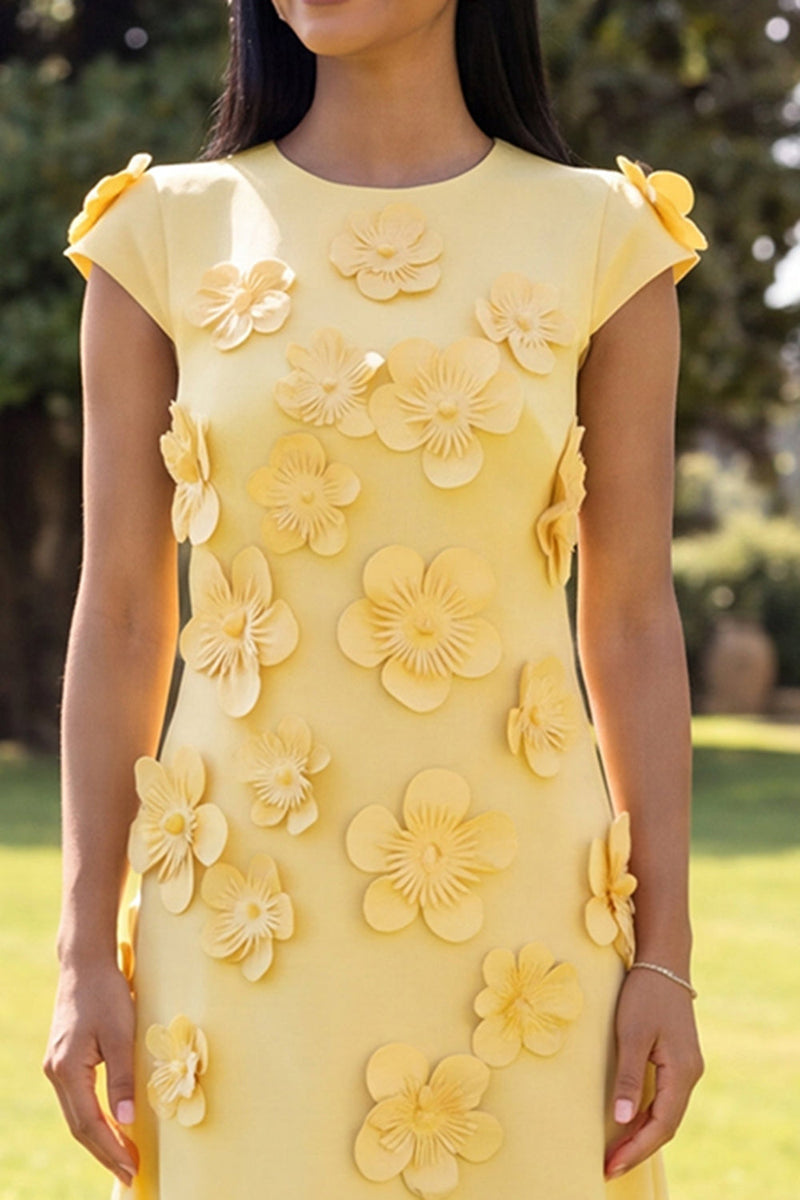 Load image into Gallery viewer, Butter Yellow Round Neck A Line Floral Long Formal Dress with Sleeves
