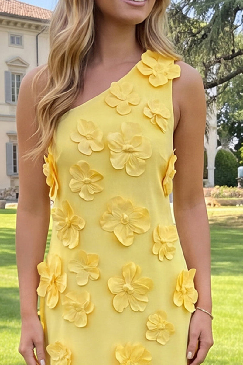 Load image into Gallery viewer, Yellow One Shoulder Floral Sheath Maxi Formal Dress