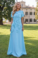 Load image into Gallery viewer, Round Neck Blue Floral A Line Long Formal Dress with Sleeves