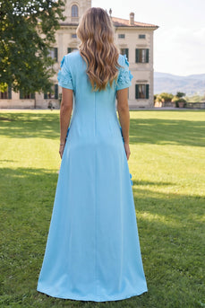 Round Neck Blue Floral A Line Long Formal Dress with Sleeves