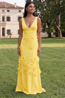 Load image into Gallery viewer, Butter Yellow V-Neck Floral Sheath Long Formal Dress