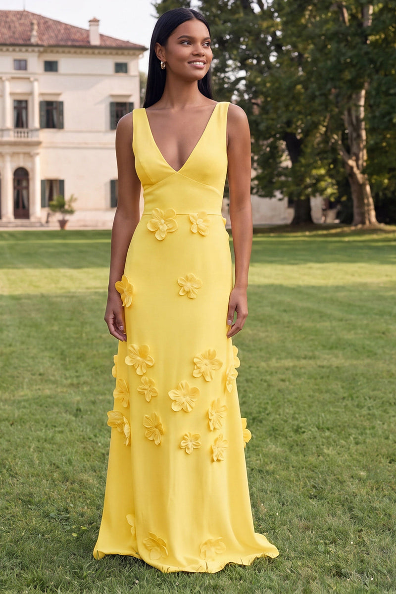 Load image into Gallery viewer, Butter Yellow V-Neck Floral Sheath Long Formal Dress