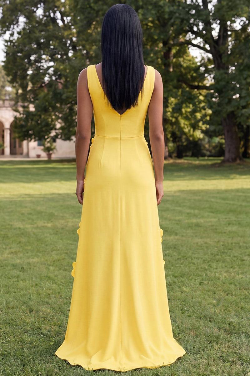 Load image into Gallery viewer, Butter Yellow V-Neck Floral Sheath Long Formal Dress