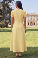 Load image into Gallery viewer, Butter Yellow Round Neck A Line Floral Maxi Formal Dress with Sleeves