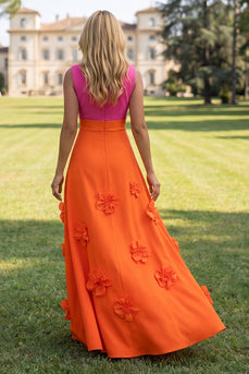 Fuchsia and Orange V-Neck Floral A Line Maxi Color Block Formal Dress