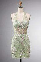 Load image into Gallery viewer, Sage Green Floral Halter Tight Short Corset Homecoming Dress