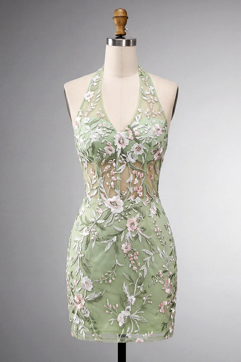 Load image into Gallery viewer, Sage Green Floral Halter Tight Short Corset Homecoming Dress