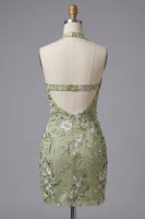 Load image into Gallery viewer, Sage Green Floral Halter Tight Short Corset Homecoming Dress