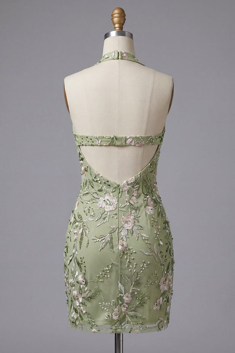 Load image into Gallery viewer, Sage Green Floral Halter Tight Short Corset Homecoming Dress