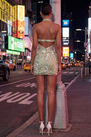 Load image into Gallery viewer, Sage Green Floral Halter Tight Short Corset Homecoming Dress