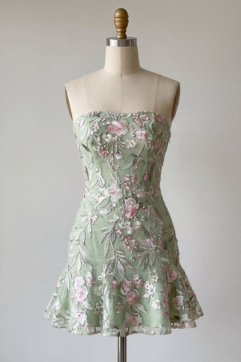 Load image into Gallery viewer, Sage Green Floral Strapless Short Homecoming Dress with Ruffles