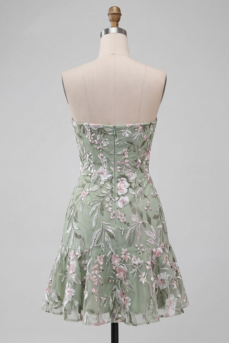 Load image into Gallery viewer, Sage Green Floral Strapless Short Homecoming Dress with Ruffles