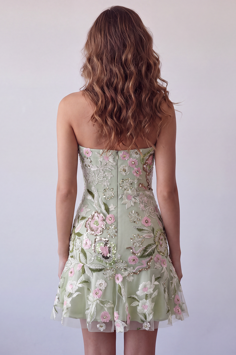 Load image into Gallery viewer, Sage Green Floral Strapless Short Homecoming Dress with Ruffles