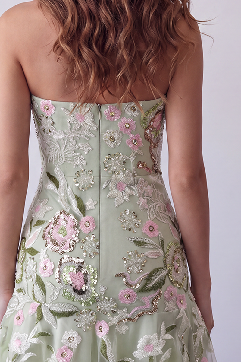 Load image into Gallery viewer, Sage Green Floral Strapless Short Homecoming Dress with Ruffles